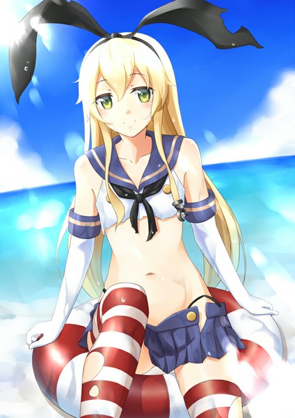 Anime picture 707x1000 with kantai collection shimakaze destroyer aoi usagi long hair tall image looking at viewer blush smile green eyes sky cloud (clouds) white hair torn clothes girl thighhighs gloves navel bow hair bow miniskirt