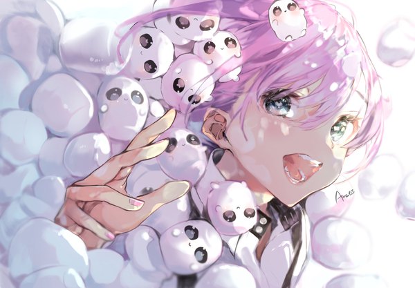 Anime picture 1180x820 with original ame929 single fringe short hair open mouth hair between eyes signed pink hair upper body grey eyes girl marshmallow