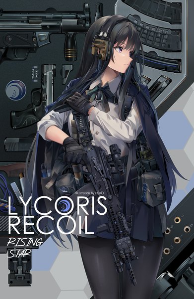 Anime picture 1042x1600 with lycoris recoil inoue takina neko (yanshoujie) single long hair tall image fringe black hair standing purple eyes holding signed looking away long sleeves copyright name text english clothes on shoulders trigger discipline girl