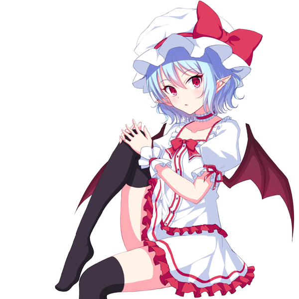 Anime picture 1080x1080 with touhou remilia scarlet junior27016 single blush fringe short hair simple background hair between eyes red eyes white background sitting blue hair looking away pointy ears no shoes zettai ryouiki puffy sleeves bat wings leg hug