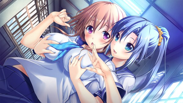 Anime picture 1280x720 with tsukue otome long hair blush short hair breasts open mouth blue eyes light erotic brown hair wide image purple eyes multiple girls blue hair game cg breast grab shoujo ai girl uniform 2 girls school uniform