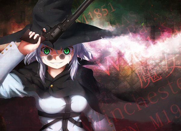 Anime picture 1900x1381 with zero in agent (ikuoikuo) single highres short hair green eyes silver hair girl weapon glasses gun witch hat