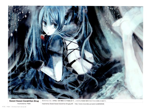 Anime picture 2901x2119 with vocaloid hatsune miku single long hair highres open mouth blue eyes twintails blue hair very long hair looking back barefoot scan legs back girl dress gloves black dress lollipop