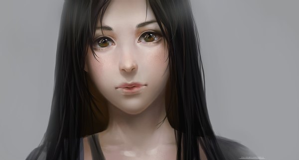 Anime picture 1490x800 with original felicemelancholie single long hair black hair simple background wide image brown eyes lips realistic grey background portrait face girl