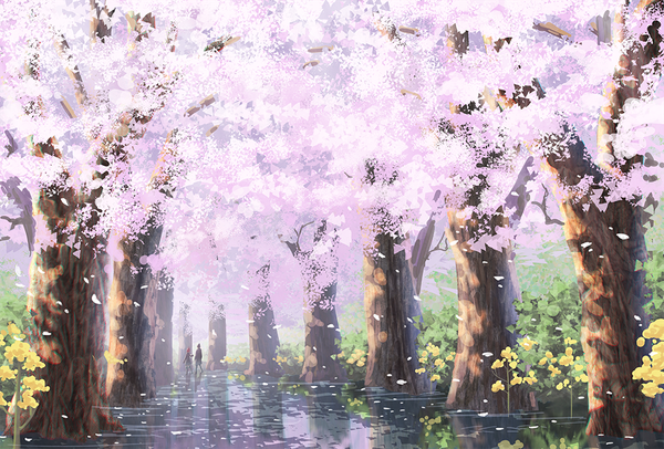 Anime picture 1000x677 with original someya mai standing outdoors cherry blossoms reflection walking ambiguous gender flower (flowers) plant (plants) petals tree (trees) people