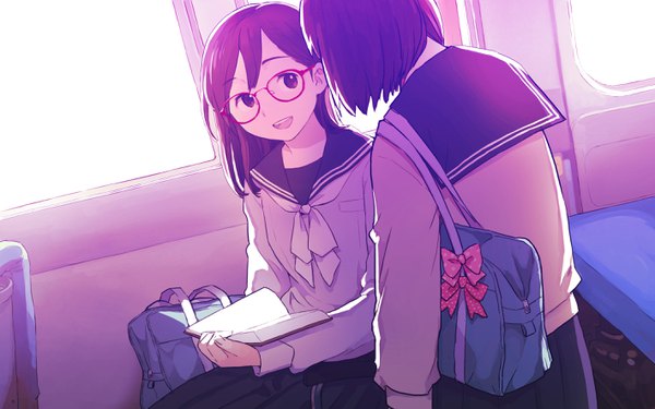 Anime picture 2835x1772 with original morifumi long hair highres short hair open mouth black hair smile brown hair sitting multiple girls holding looking away upper body pleated skirt from behind train interior girl skirt uniform