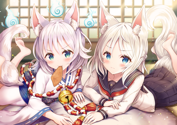 Anime picture 1200x848 with original sakura ani looking at viewer blush short hair blue eyes multiple girls holding green eyes animal ears silver hair white hair indoors tail lying traditional clothes japanese clothes animal tail barefoot fox ears