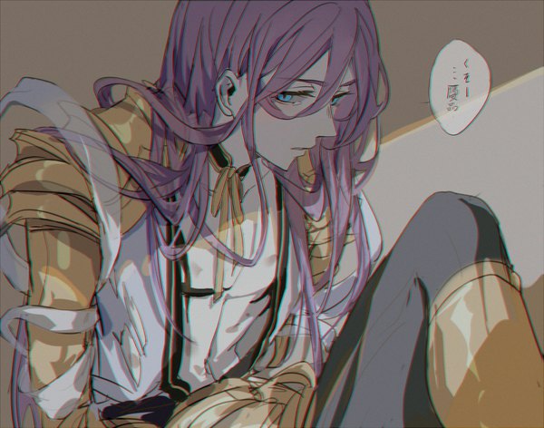 Anime picture 1200x945 with touken ranbu nitroplus hachisuka kotetsu kanose single long hair looking at viewer fringe blue eyes hair between eyes sitting purple hair boy armor speech bubble spaulder (spaulders)