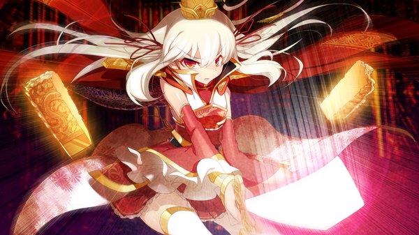 Anime picture 1280x720 with sangoku hime unicorn-a sousou moutoku (sangoku hime) long hair red eyes wide image game cg white hair traditional clothes girl weapon detached sleeves sword