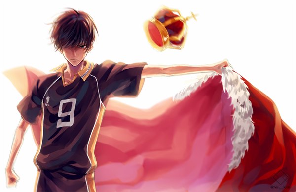 Anime picture 1000x647 with haikyuu!! production i.g kageyama tobio yuari kim single looking at viewer fringe short hair blue eyes black hair simple background standing white background holding signed hair over one eye fur trim twitter username outstretched arm boy