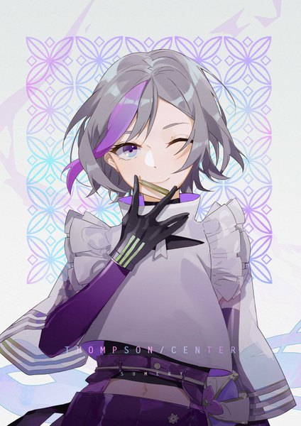 Anime picture 2480x3507 with girls frontline contender (girls' frontline) sumery single tall image looking at viewer highres short hair smile purple eyes purple hair upper body one eye closed multicolored hair grey hair wink two-tone hair streaked hair character names girl