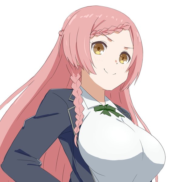 Anime picture 2000x2000 with nourin yoshida kochou chelle ingham single long hair highres breasts simple background smile large breasts white background brown eyes pink hair braid (braids) hand on hip portrait girl uniform school uniform