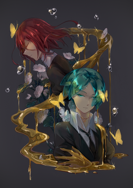 Anime picture 1240x1748 with houseki no kuni phosphophyllite cinnabar (houseki no kuni) houraisan chouko tall image short hair green eyes red hair profile green hair sparkle floating hair black background androgynous flower (flowers) necktie insect butterfly mercury