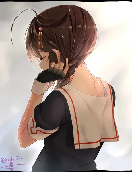 Anime picture 800x1043 with kantai collection shigure destroyer isshiki (ffmania7) single long hair tall image fringe simple background brown hair signed upper body ahoge braid (braids) eyes closed from behind grey background back single braid adjusting hair remodel (kantai collection)