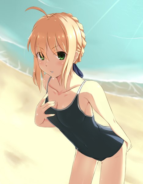 Anime picture 2500x3200 with fate (series) fate/stay night studio deen type-moon artoria pendragon (all) saber centon (736023681) single tall image looking at viewer highres short hair light erotic blonde hair green eyes ahoge beach girl swimsuit
