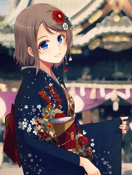 Anime picture 1124x1480 with love live! sunshine!! sunrise (studio) love live! watanabe you nanotsuki single tall image looking at viewer blush fringe short hair blue eyes smile brown hair upper body long sleeves traditional clothes parted lips head tilt japanese clothes