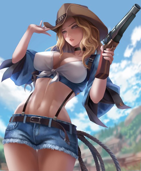 Anime picture 1180x1431 with original nai zi single long hair tall image blush breasts light erotic blonde hair large breasts standing holding yellow eyes looking away sky cleavage cloud (clouds) outdoors parted lips realistic