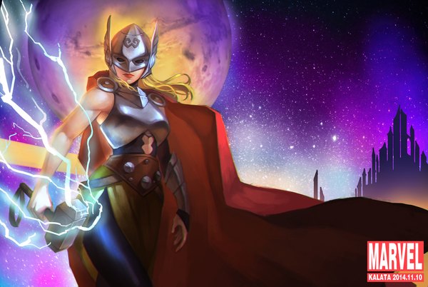 Anime picture 2000x1343 with thor marvel comics thor (character) kalata single long hair looking at viewer highres breasts blonde hair standing lips black eyes genderswap lightning superhero girl weapon moon cape