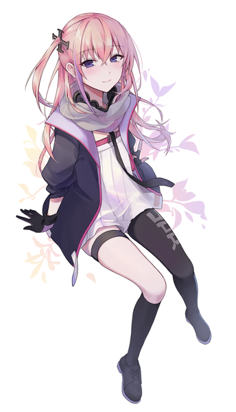 Anime picture 1260x2197 with girls frontline st ar-15 (girls frontline) qb 516 single long hair tall image looking at viewer blush fringe simple background smile hair between eyes white background sitting purple eyes pink hair full body long sleeves arm support open jacket