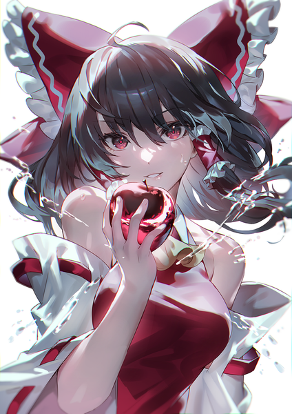 Anime picture 868x1228 with touhou hakurei reimu uu uu zan single long hair tall image looking at viewer fringe black hair hair between eyes red eyes white background holding upper body ahoge girl bow hair bow detached sleeves water