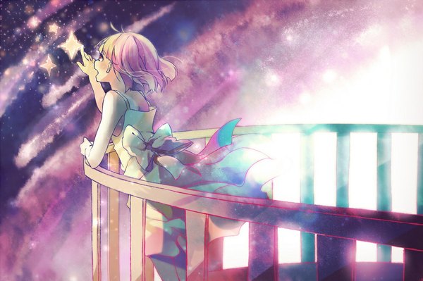 Anime picture 1000x666 with original nou single short hair open mouth red eyes bare shoulders pink hair sky wind girl dress white dress star (stars)