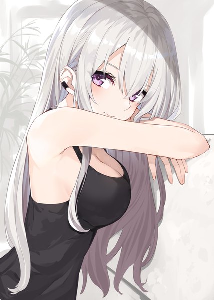 Anime picture 1424x2000 with original takehana note single long hair tall image looking at viewer blush fringe breasts smile hair between eyes standing purple eyes payot cleavage silver hair upper body piercing ear piercing girl