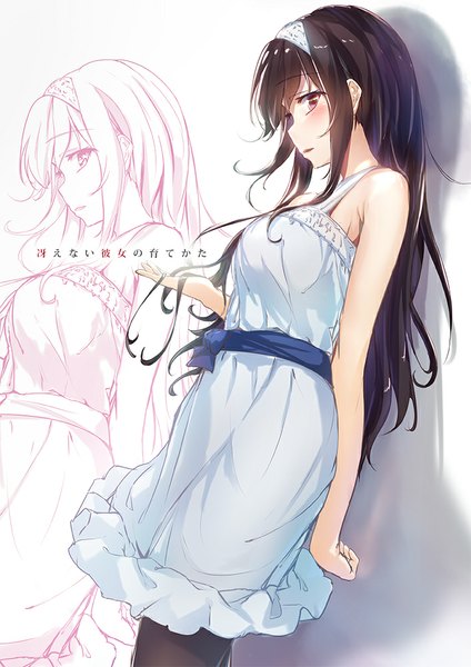 Anime picture 707x1000 with saenai heroine no sodatekata a-1 pictures kasumigaoka utaha wingheart single long hair tall image looking at viewer blush black hair brown eyes shadow arm behind back against wall sketch girl dress pantyhose hairband wall