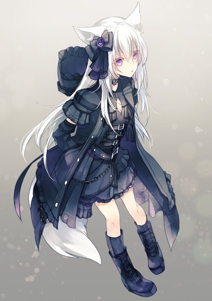 Anime picture 1130x1600 with original numikko single long hair tall image looking at viewer fringe simple background hair between eyes standing animal ears full body white hair tail head tilt animal tail pink eyes grey background open jacket short sleeves