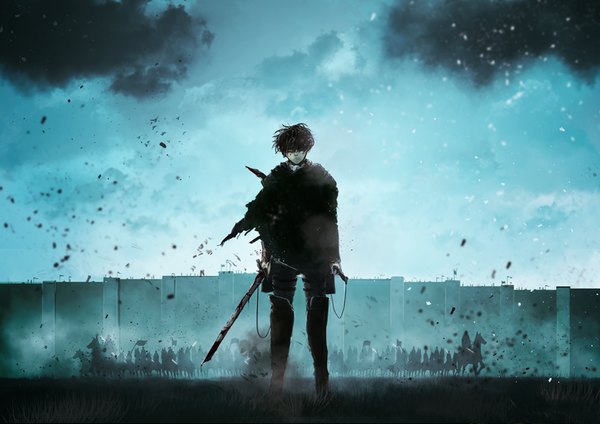 Anime picture 850x602 with shingeki no kyojin production i.g levi (rivaille) e-ko looking at viewer fringe short hair black hair standing sky cloud (clouds) outdoors head tilt hair over one eye military bloody weapon army boy uniform weapon