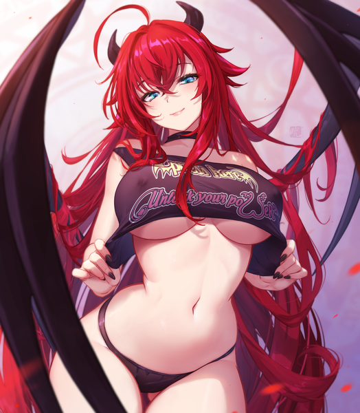 Anime picture 5310x6076 with highschool dxd rias gremory mitsu (mitsu art) single tall image looking at viewer fringe highres breasts blue eyes light erotic simple background smile hair between eyes large breasts standing absurdres ahoge red hair very long hair