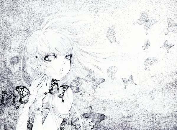 Anime picture 1000x735 with original charmal (pixiv) single long hair looking away wind monochrome eyes butterfly on hand girl dress insect butterfly skull