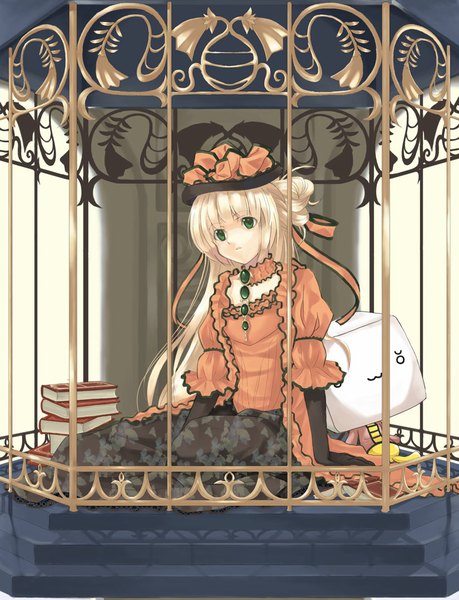 Anime picture 800x1045 with gosick studio bones victorique de blois kabocha (pixiv2825245) single long hair tall image fringe blonde hair sitting green eyes looking away very long hair girl skirt gloves ribbon (ribbons) hair ribbon hat choker