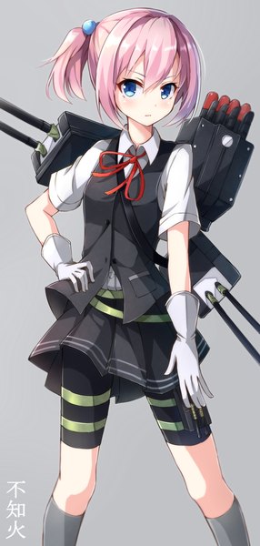 Anime picture 792x1657 with kantai collection shiranui destroyer rin yuu single tall image blush short hair blue eyes simple background pink hair pleated skirt inscription grey background character names hand on hip side ponytail hieroglyph girl skirt gloves
