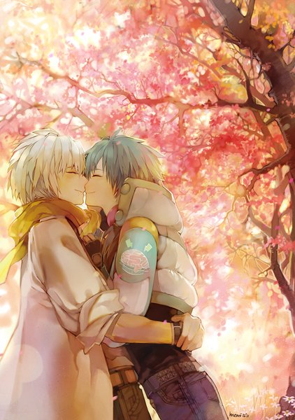 Anime picture 632x898 with dramatical murder nitro+chiral aoba (dmmd) clear (dmmd) memipong tall image short hair smile signed white hair eyes closed profile aqua hair multiple boys hug cherry blossoms face to face shounen ai almost kiss boy