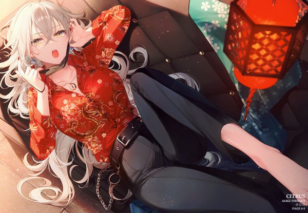 Anime picture 4954x3425 with original toosaka asagi single long hair looking at viewer fringe highres breasts open mouth hair between eyes signed yellow eyes absurdres silver hair bent knee (knees) indoors lying long sleeves nail polish traditional clothes