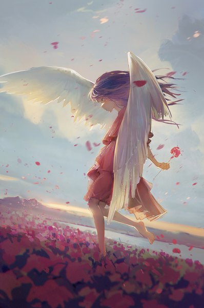 Anime picture 1500x2264 with original dino (dinoartforame) single long hair tall image holding sky purple hair cloud (clouds) full body outdoors profile barefoot angel wings walking white wings girl dress flower (flowers) petals