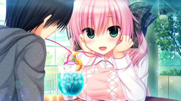 Anime picture 1281x720 with wagamama high spec miyase mihiro utsunomiya tsumire blush fringe short hair breasts open mouth black hair smile hair between eyes wide image large breasts twintails green eyes looking away pink hair game cg :d profile