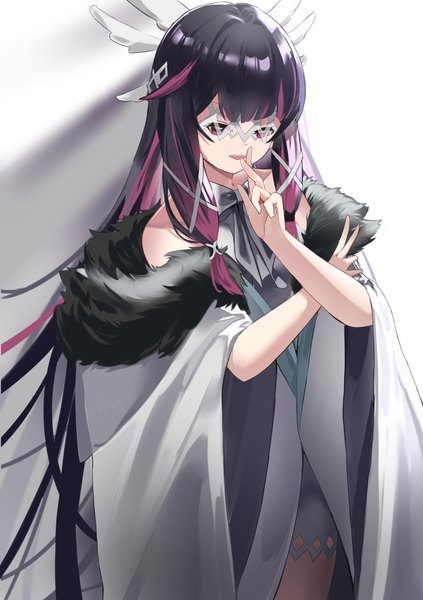 Anime picture 3496x4960 with genshin impact columbina (genshin impact) pomegranate nana single tall image fringe highres black hair simple background purple eyes absurdres purple hair very long hair multicolored hair two-tone hair shadow fur trim head wings girl wings
