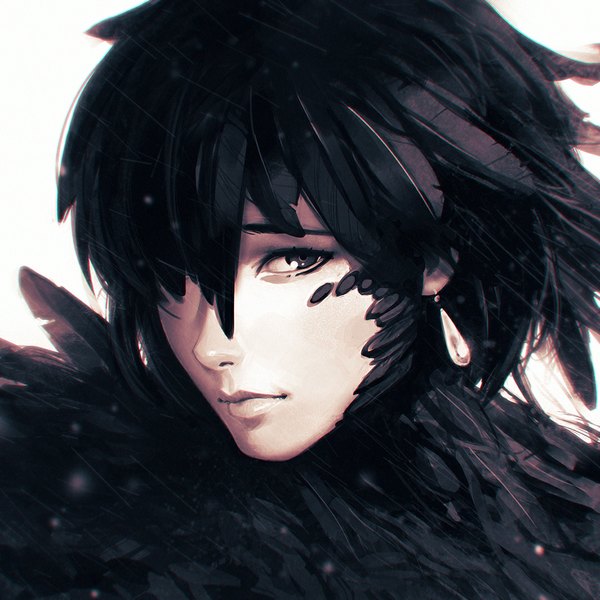 Anime picture 1080x1080 with howl's moving castle studio ghibli howl ilya kuvshinov single looking at viewer fringe short hair black hair simple background white background lips hair over one eye portrait eyebrows boy earrings feather (feathers)