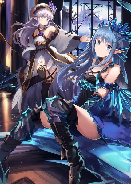 Anime picture 1254x1764 with granblue fantasy lily (granblue fantasy) erin (granblue fantasy) eruthika long hair tall image looking at viewer blush fringe breasts blue eyes light erotic smile hair between eyes sitting bare shoulders multiple girls holding blue hair silver hair