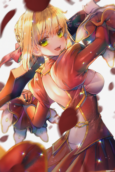 Anime picture 1009x1500 with fate (series) fate/extra nero claudius (fate) (all) nero claudius (fate) hanato (seonoaiko) single tall image looking at viewer blush fringe short hair breasts open mouth blonde hair smile standing white background holding green eyes signed