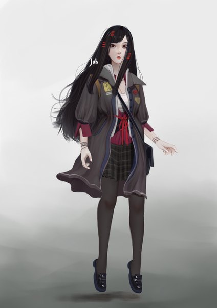 Anime picture 2480x3508 with original alyssa (jubi) jubi (regiana) single long hair tall image highres black hair red eyes signed full body parted lips gradient background plaid skirt flying girl skirt pantyhose shoes bracelet