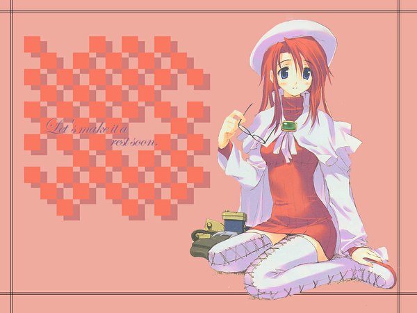 Anime picture 1024x768 with summon night summon night 3 aty (summon night) single long hair blush blue eyes red hair girl skirt miniskirt glasses boots headdress clothes