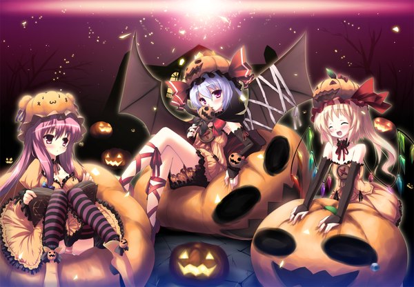 Anime picture 2000x1387 with touhou flandre scarlet remilia scarlet patchouli knowledge usume shirou blush highres sitting bare shoulders multiple girls blue hair pink hair night halloween bat wings girl thighhighs dress ribbon (ribbons) hat