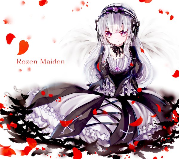 Anime picture 1200x1066 with rozen maiden suigintou yugaibussitsu single long hair looking at viewer sitting purple eyes silver hair inscription copyright name lolita fashion white wings goth-loli girl dress ribbon (ribbons) petals wings frills
