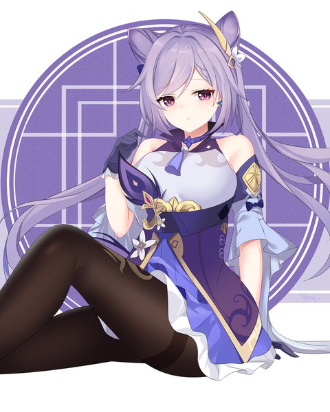Anime picture 1000x1250 with genshin impact keqing (genshin impact) ling sha lan single long hair tall image looking at viewer blush fringe breasts simple background large breasts sitting purple eyes twintails bare shoulders payot purple hair bent knee (knees) braid (braids)