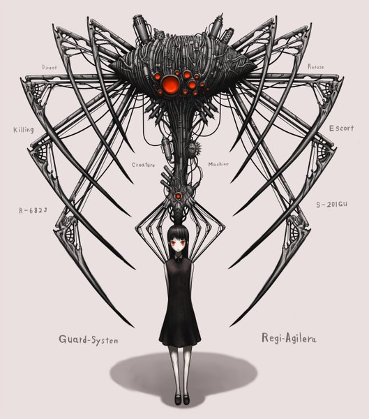Anime picture 1300x1474 with original gia single long hair tall image black hair red eyes inscription shadow mechanical girl dress