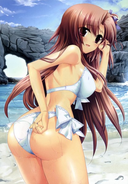 Anime picture 4083x5887 with minazuki haruka long hair tall image highres light erotic brown hair purple eyes absurdres ass rock girl swimsuit bikini white bikini
