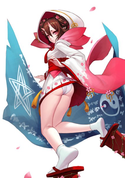 Anime picture 1200x1697 with onmyoji momo (onmyoji) fkey single tall image looking at viewer fringe light erotic hair between eyes red eyes brown hair white background full body ass traditional clothes japanese clothes looking back horn (horns) pointy ears from behind