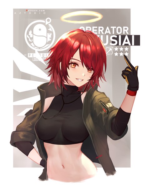 Anime picture 1499x1920 with arknights exusiai (arknights) exusiai (wild operation) (arknights) azto dio single tall image fringe short hair breasts light erotic smile hair between eyes yellow eyes upper body red hair arm up open jacket character names grin official alternate costume